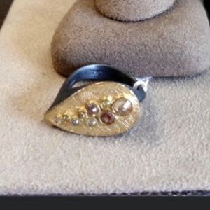 18K and oxidized S/S natural rose cut diamond ring, 1.0 ct tw